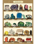 This poster features a reproduction of a vintage textbook image with a variety of minerals, crystals, geodes and more. Mineralogie 2 Cavallini