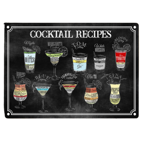 Vintage Style Classic Cocktail Recipes Sign Indoor Outdoor Safe