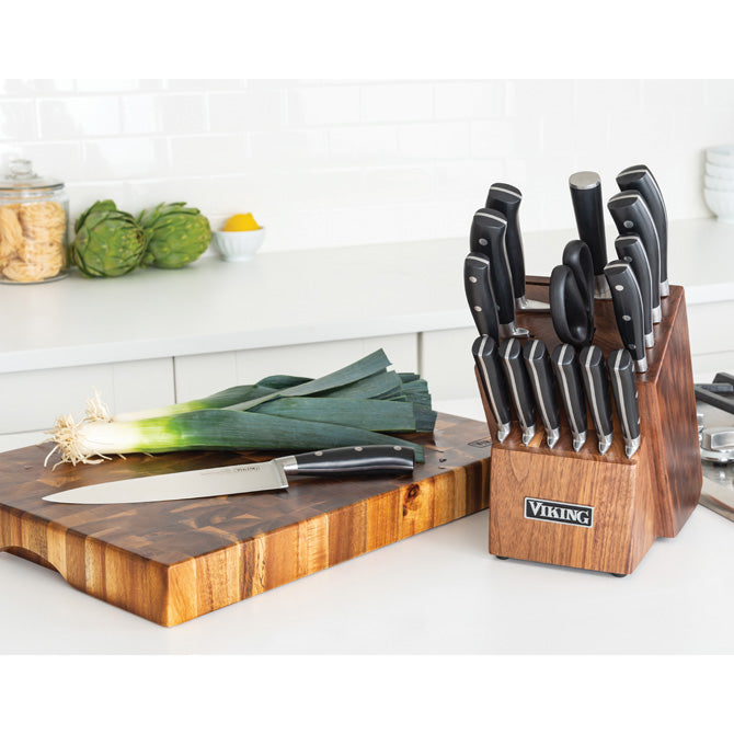 Viking Culinary Cutlery Set with Light Walnut Color Block, 17 Piece,  Premium German Steel Blades, Ergonomic Design, All Essential Knife Types