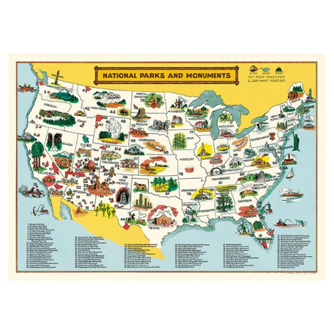 Cavallini National Parks And Monuments USA Map Poster + Vintage Travel + Road Trip Guide + Retro Graphics