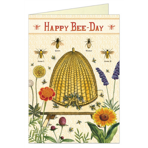Cavallini Happy Bee-Day Greeting Card + Vintage Inspired + Bee Hive + Honey Bees + Queen Bee
