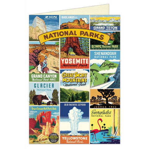 Cavallini National Parks Greeting Card + Any Occasion + Zion + Badlands + Grand Teton + Grand Canyon + Yosemite + Shenandoah + Glacier + Great Smoky Mountains + Joshua Tree + Everglades + Yellowstone + Bryce Canyon + Vintage Travel Poster