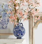 Pink Cherry Blossom Faux Floral Spray + Blue & White Porcelain Vase With Handles