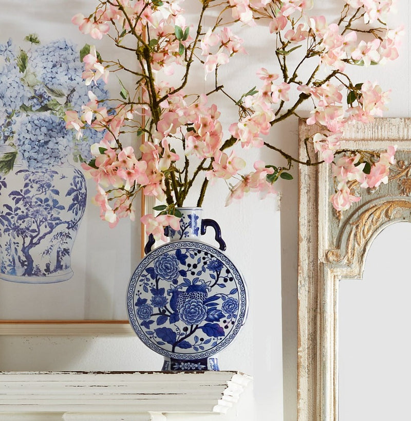 Blue & White Floral Vase With Handles + Cherry Blossom Floral Spray Stems