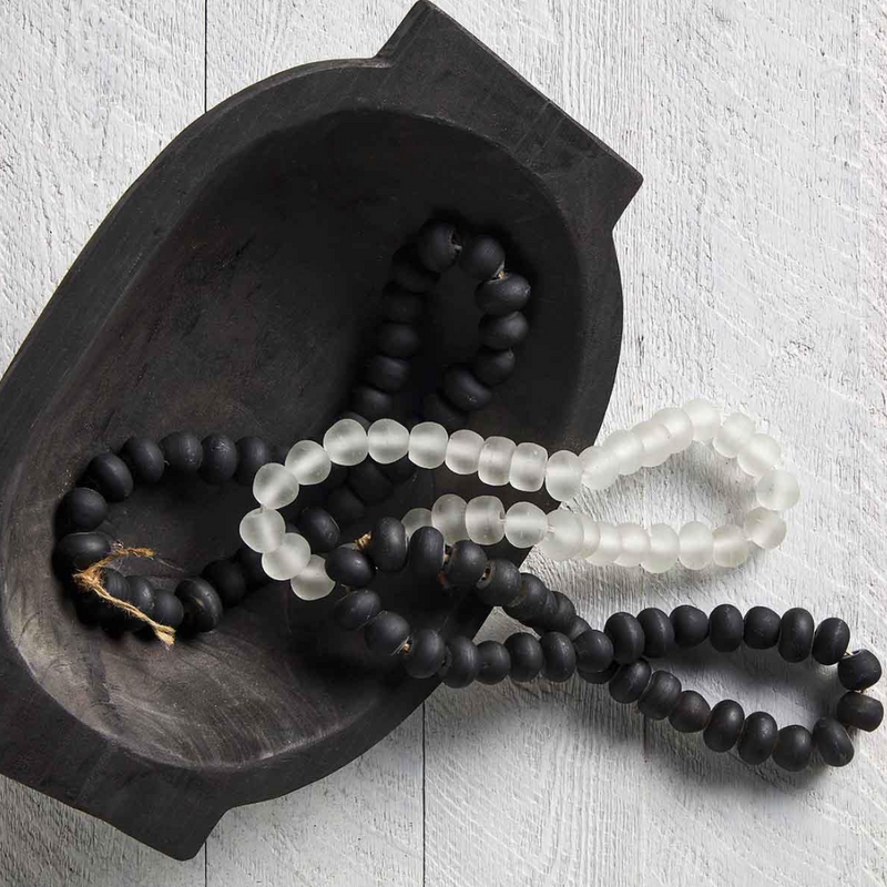 Black Glass Beads On Jute String in Dough Bowl Decor