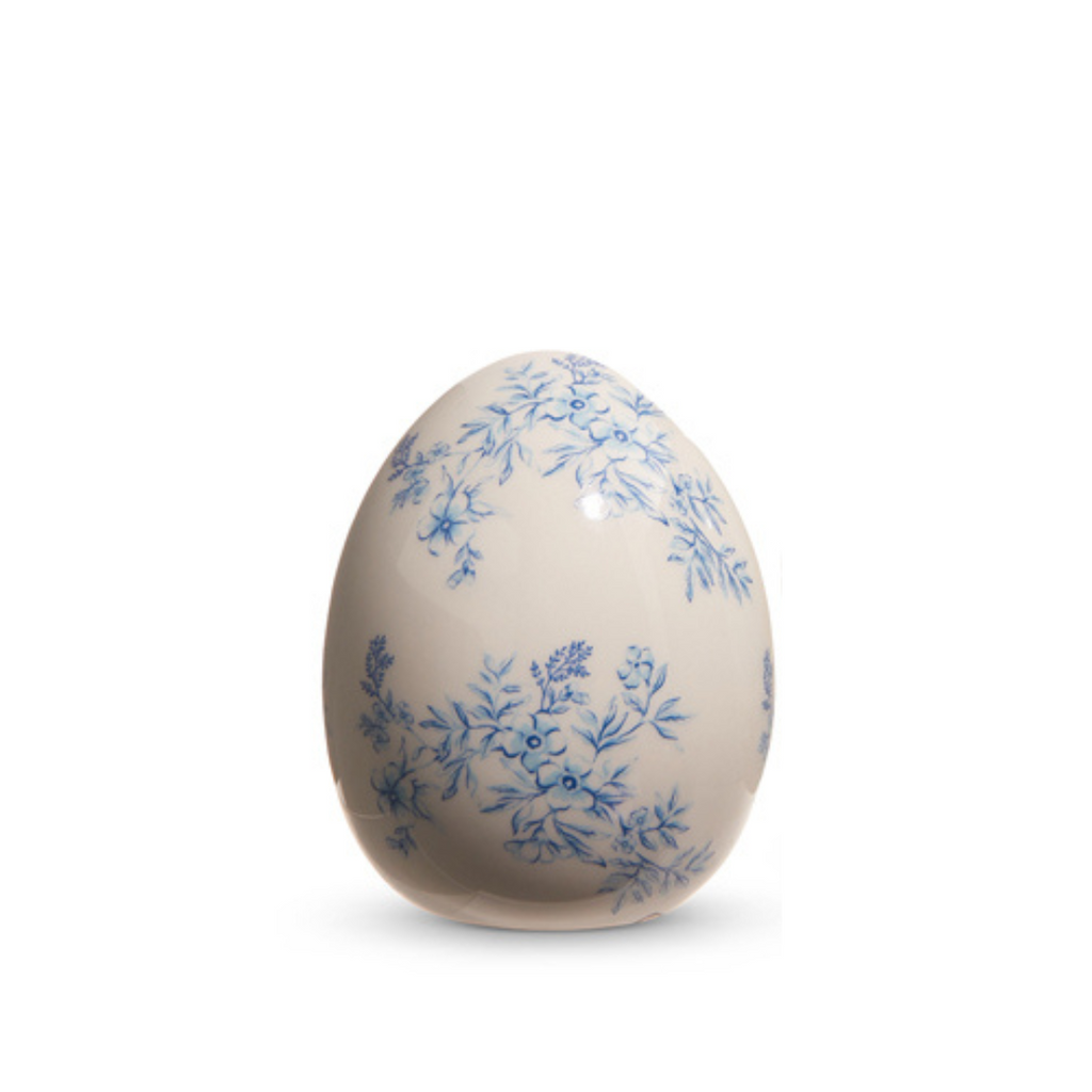 Blue & White Floral Ceramic Egg 4"