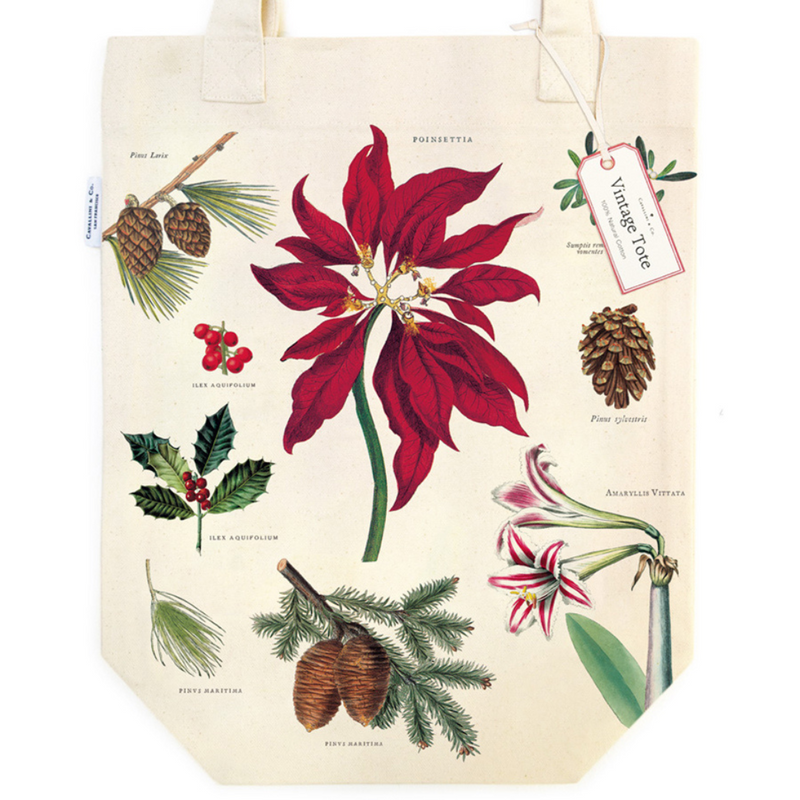 Cavallini Christmas Botanica Tote Bag Poinsettia Design