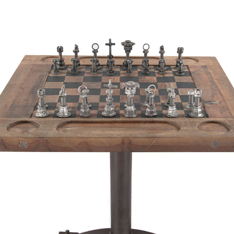 Industrial Metal Chess Pieces Reclaimed Wood Game Board