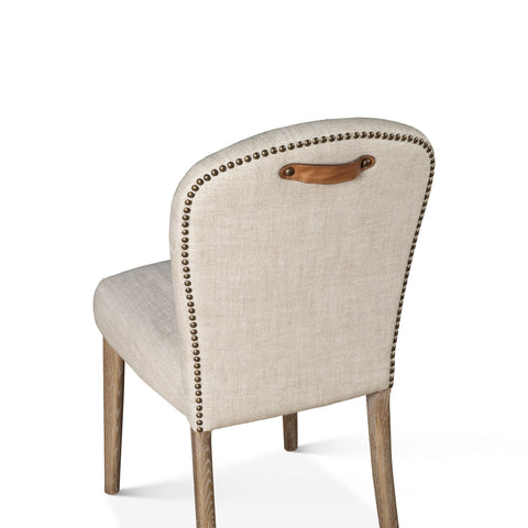 Jessie Dining Chair Beige Linen Brass Nailhead Trim Leather Strap Handle
