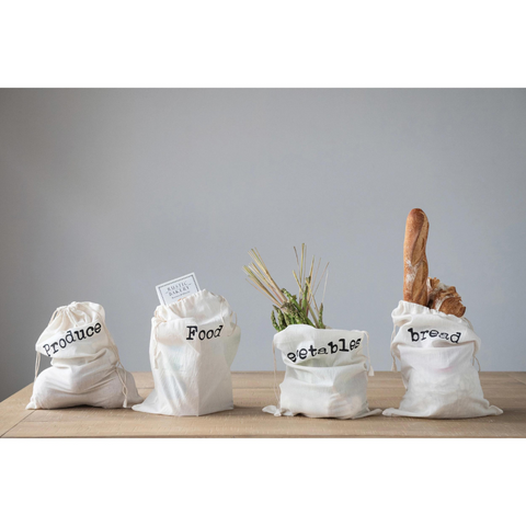 Cotton Printed Reusable Drawstring Food Bags - Produce Food Vegetables Bread