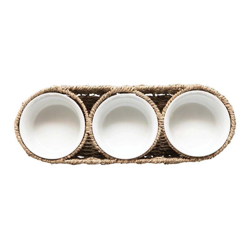 Apollo Woven Seagrass Ceramic Bowl Caddy Dip Set Appetizer Bowls