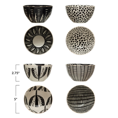 SoHo Stoneware Bowls Black White Gold Assorted Designs Dimensions