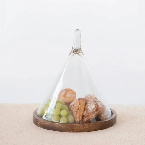 Glass Cone-Shaped Cloche With Mango Wood Base