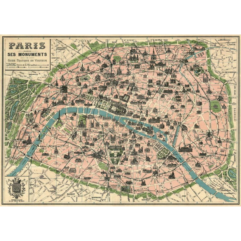 reproduction of a Parisian map from a vintage visitor's guide featuring the major monuments of the city