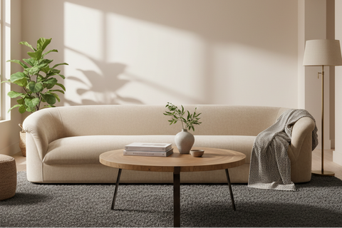Modern organic living room with darker rug