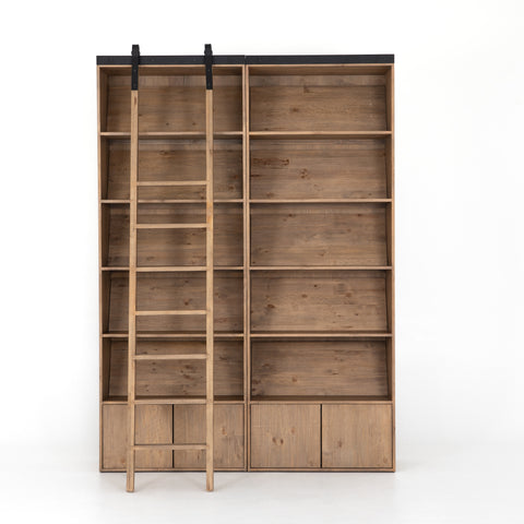 Bane Double Bookshelf with Ladder - Smoked Pine Furniture