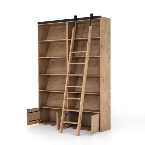 Bane Double Bookshelf with Ladder - Smoked Pine Furniture