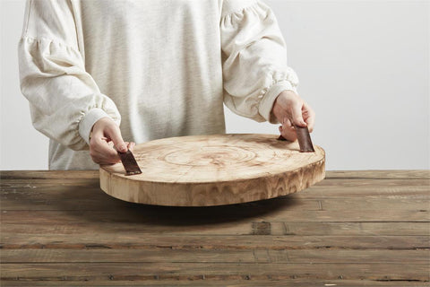 Wood Slice Tray With Leather Handles
