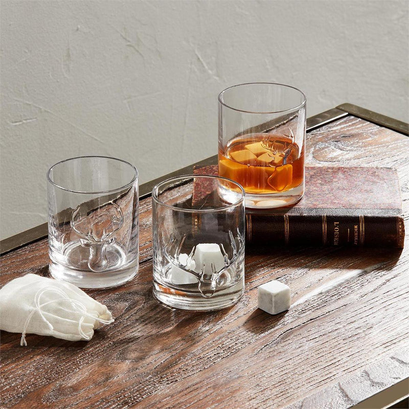 Domaci Lodge Whiskey Glass + Cooling Stones Set, Front Deer