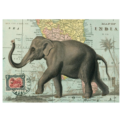 Cavallini Elephant Poster + Map of India + Madagascar Stamp + Vintage Imagery + Suitable For Framing