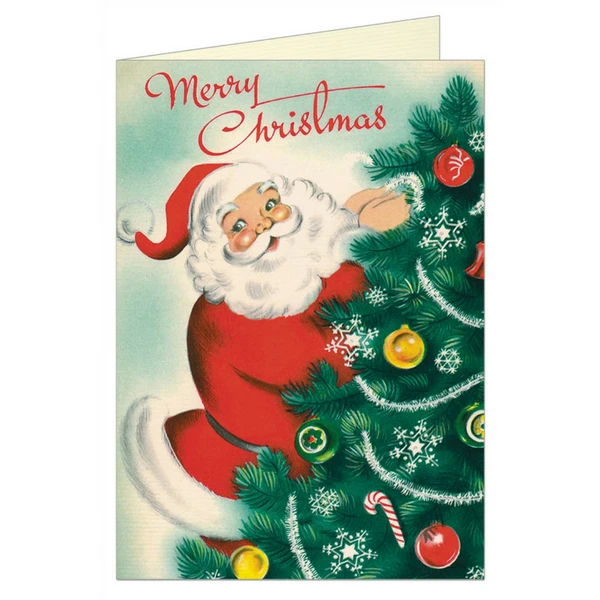 Cavallini Retro Santa Decorating Christmas Tree Merry Christmas Greeting Card