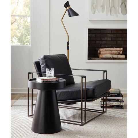 Jaipur Black Round Accent Table + Black Leather Club Chair