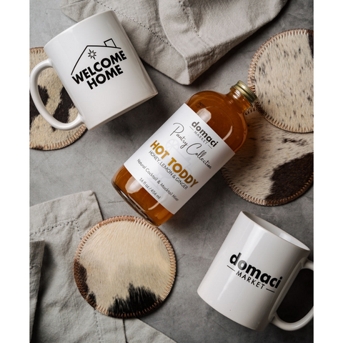 Hot Toddy Drink Mix + Welcome Home Ceramic Mug by Domaci Market + Cowhide Coasters