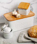 Embossed Tin Bread Box + Stoneware Garlic Keeper + Stoneware Butter Bell