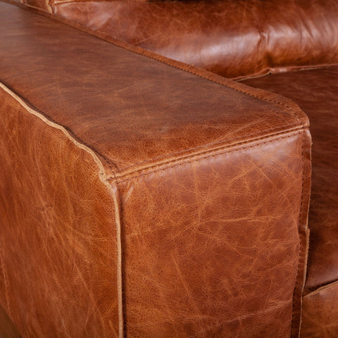 Portofino Modern Leather Sofa, Cocoa Brown Arm Stitching Detail