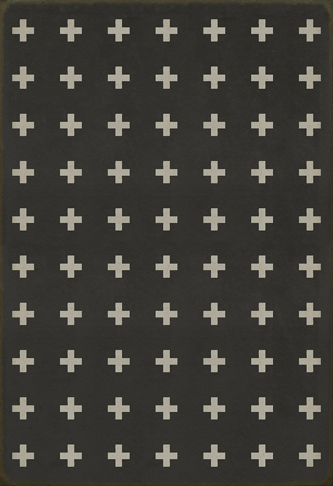 Vintage Vinyl Floorcloth Floor Cloth Cross Black White Indoor Outdoor Safe Kid Friendly Pet Friendly Rug