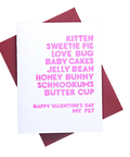 "Kitten, Sweetie Pie, Love Bug, Baby Cakes, Jelly Bean, Honey Bunny, Schnookums, Butter Cup | Happy Valentine's Day My Pet"