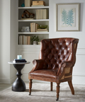 Tufted Leather Wing Chair + Wood Marble Side Table