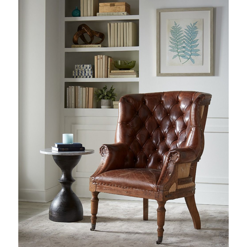 Tufted Leather Wing Chair + Wood Marble Side Table