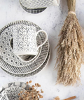 hand-stamped, embossed pattern stoneware plate + mug + bowl + dinneware