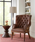 Jaipur Spool Accent Table + Welsch Tufted Leather Wing Chair