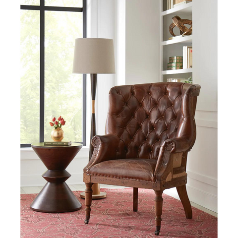 Jaipur Spool Accent Table + Welsch Tufted Leather Wing Chair