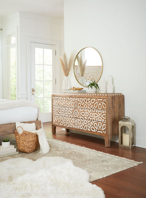 Tangiers Boho Modern Dresser - Hand Carved Mango Wood - White Washed Domaci Tangiers Boho Modern Dresser - Hand Carved Mango Wood - White Washed Domaci