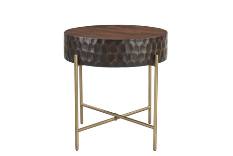 Drum Style End Table Hand Carved Wood