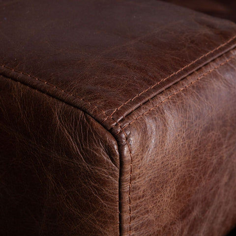 Portofino Industrial Leather Sofa, Geisha Brown Stitching Detail
