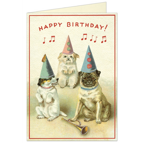 Cavallini Happy Birthday Dogs Greeting Card + Vintage Inspired + Dogs in Party Hats + Dog Lover