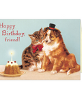 Cavallini Happy Birthday Friend Greeting Card + Vintage Inspired + Cat + Dog + Birthday Cake